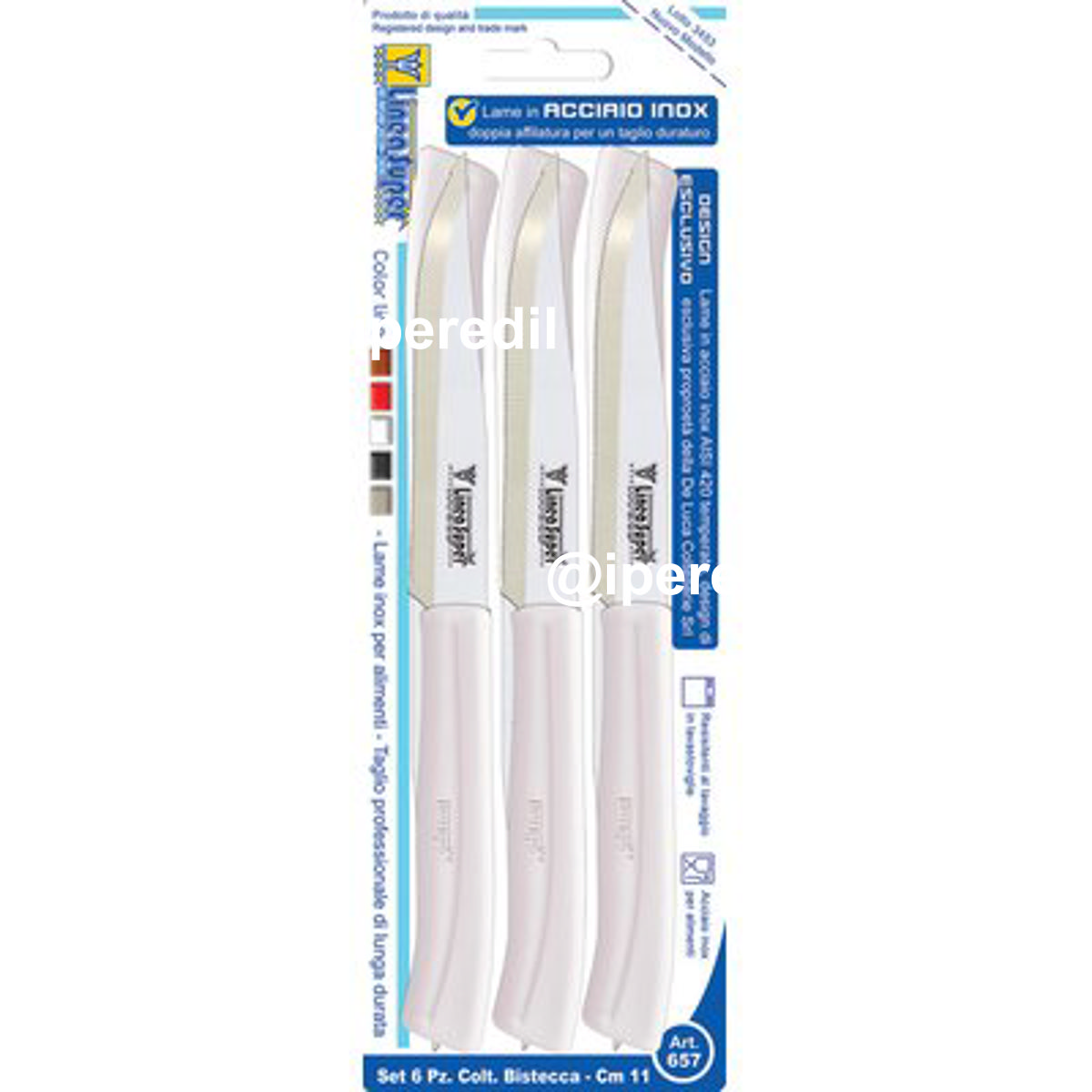 COLTELLO BISTECCA SUPER DE LUCA MANICO PLT BIANCO/INOX CM 11 CF=PZ 6 - 02250146