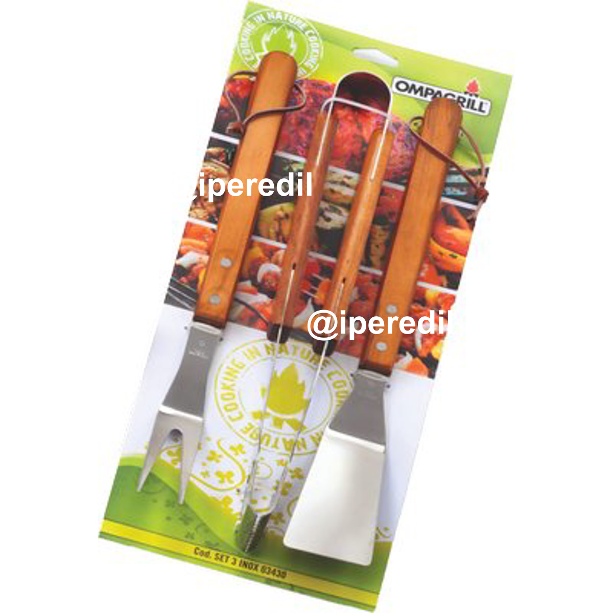 POSATE BARBECUE SET 03430 OMPAGRILL INOX/LEGNO CF=PZ 3 CM 40