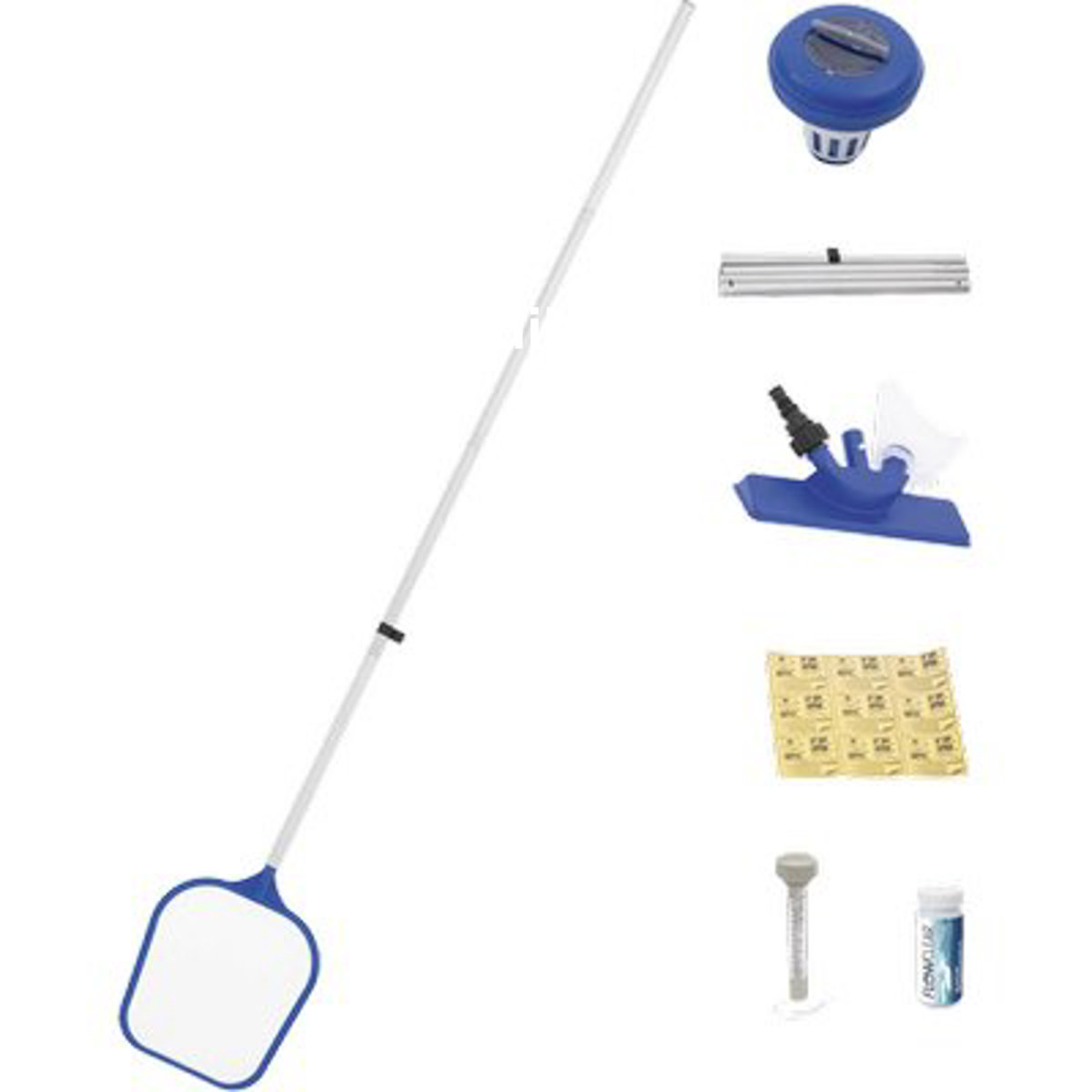 KIT PULIZIA PISCINA POOL 58195 BESTWAY SCOPA+RETINO+MANICO+TERMOMETRO+TEST+TOPPE