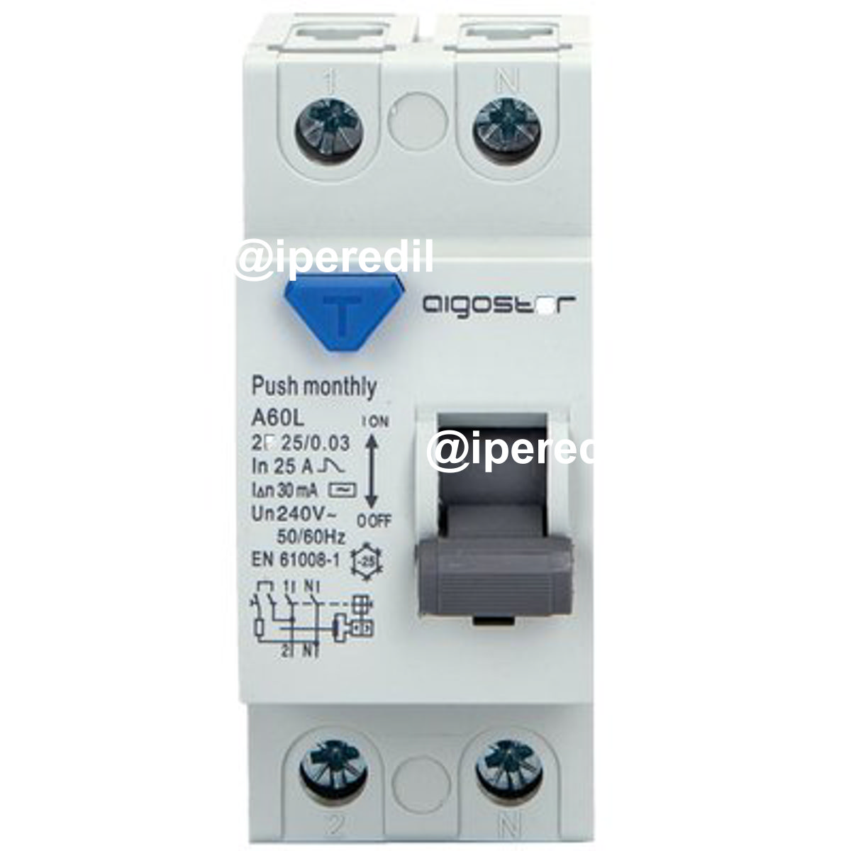 INTERRUTTORE DIFFERENZIALE PURO AIGOSTAR 2P VOLT 230 A 25 KA 6,0 MA 30 BIPOLARE