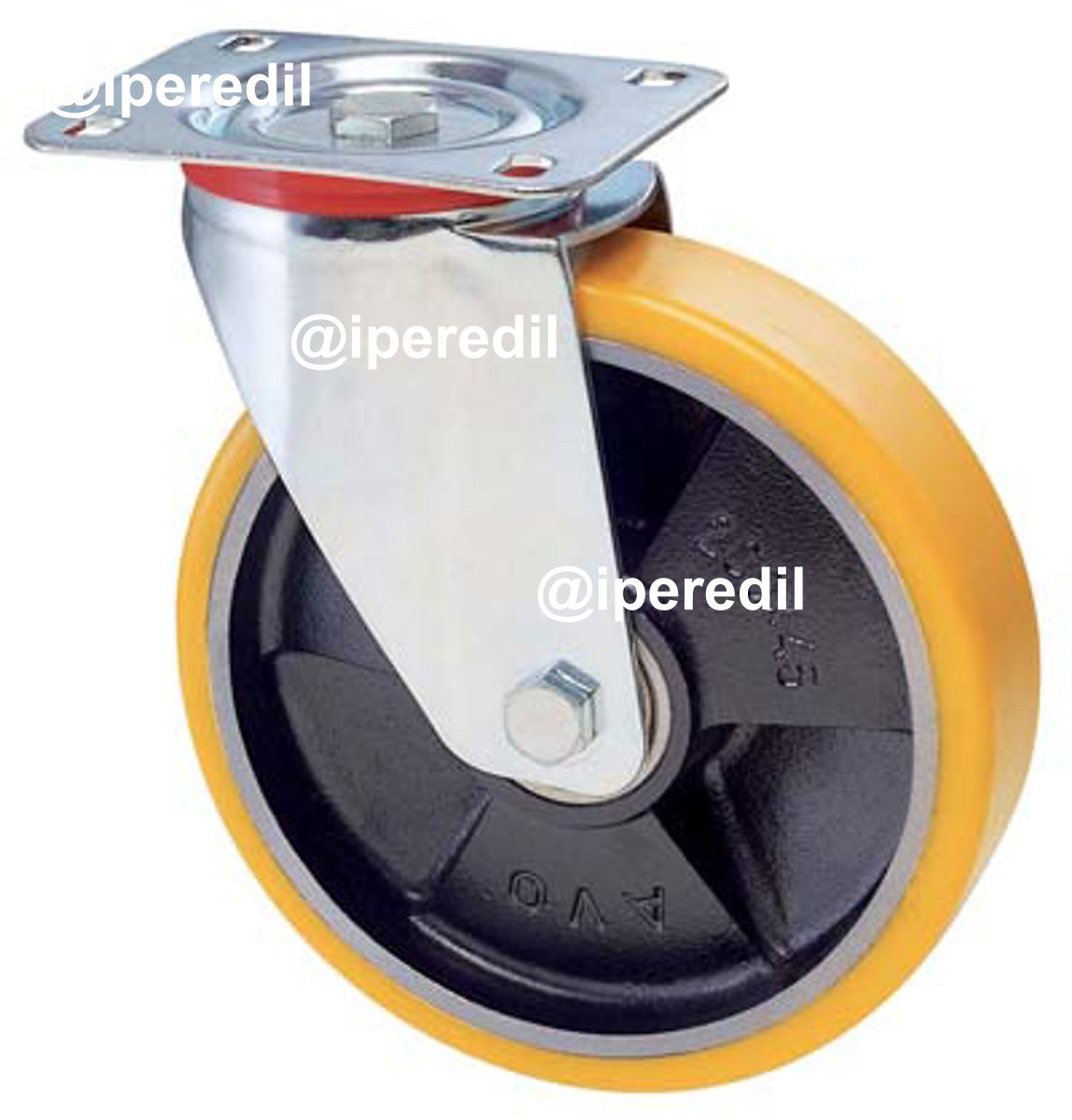 RUOTA A FORCELLA GIREVOLE 22 AVO A/ZINCR/POL.GIAL D/GHISA D.MM 150X30 P.MM 100X85