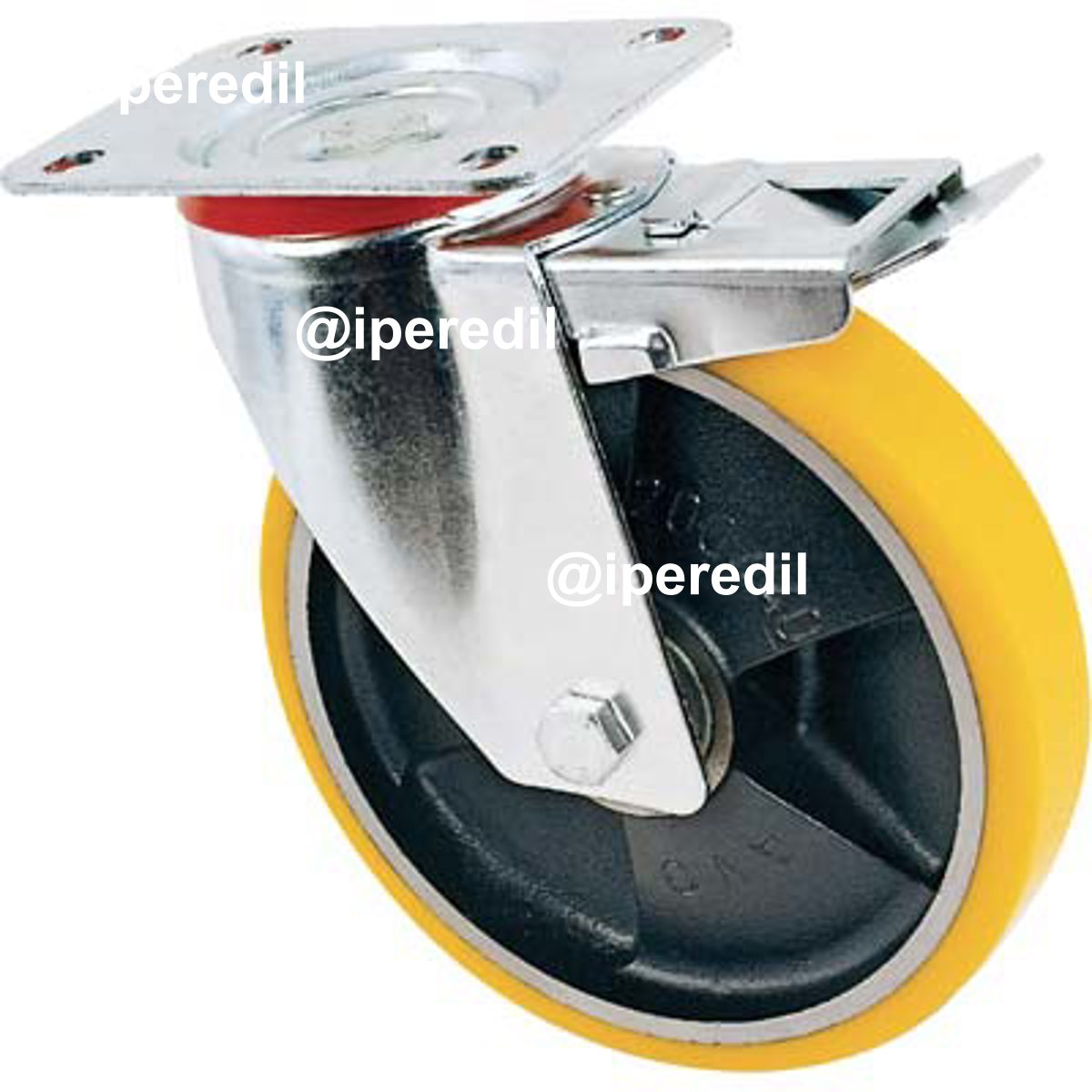 RUOTA A FORCELLA GIREVOLE + FERMO 24 AVO A/ZINCR/POL.GIAL D/GHISA D.MM 125X25 P.MM 100X85