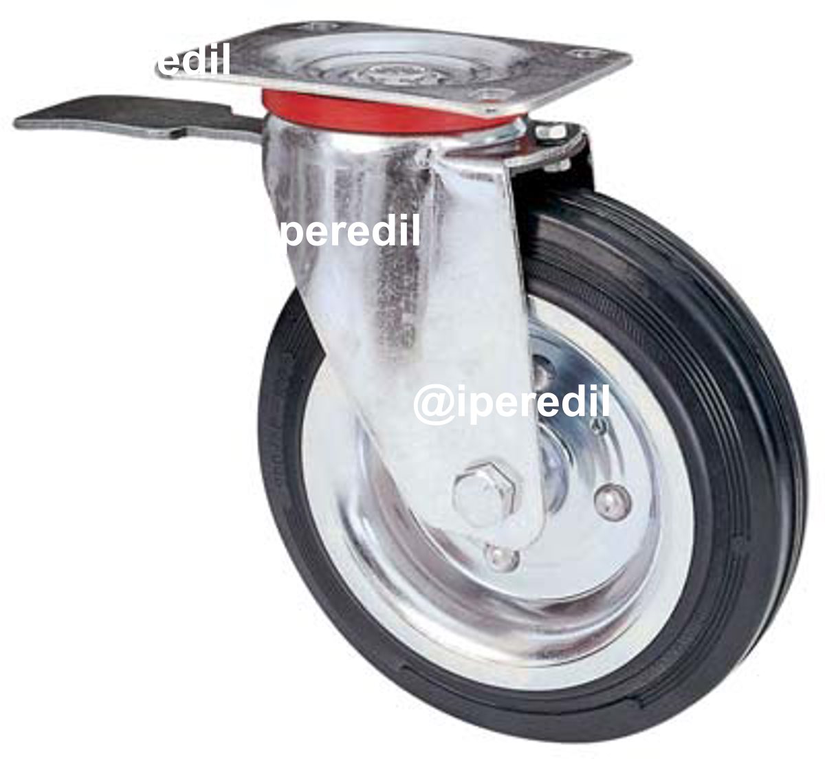 RUOTA A FORCELLA GIREVOLE + FERMO 80BIS AVO A/ZINCR/GOMMA NERA D.MM 200X50 P.MM 140X110