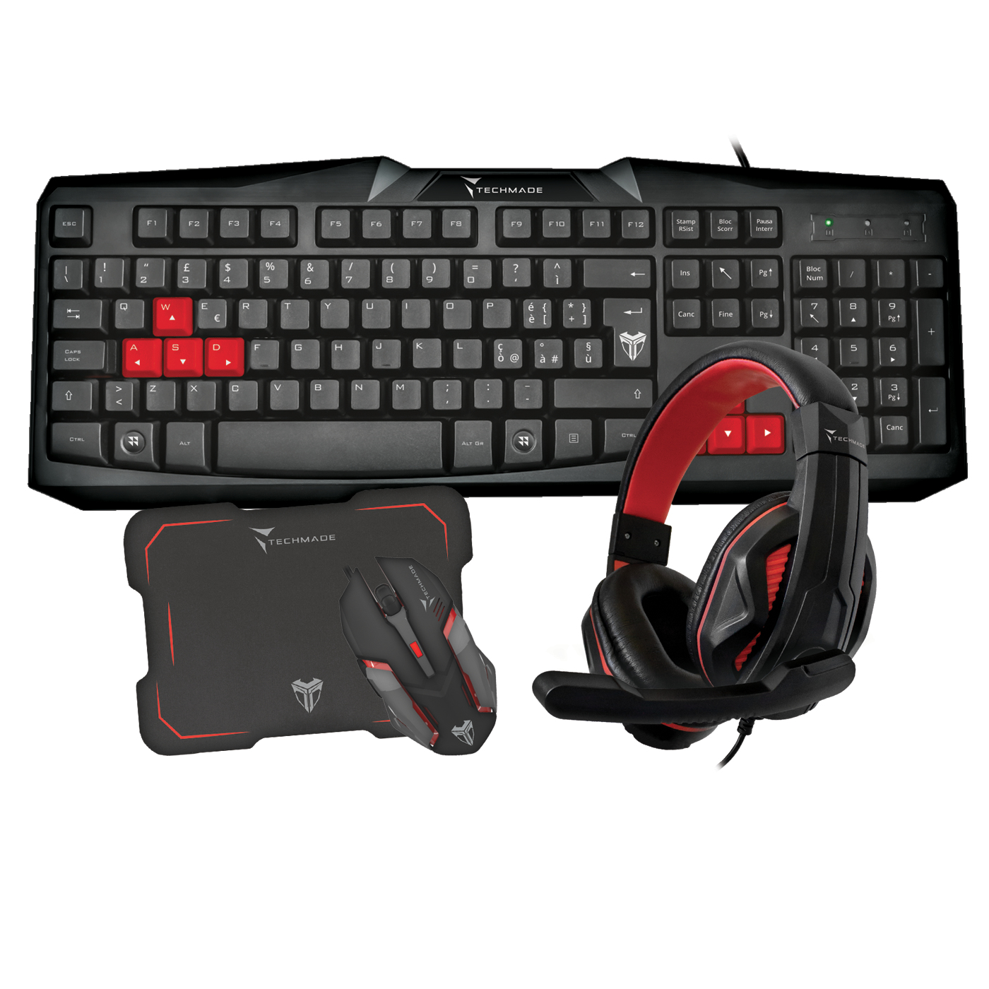 TECHMADE KIT TASTIERA+MOUSE+CUFFIE+PAD GAMING USB NERO TM-GAMINGSET2